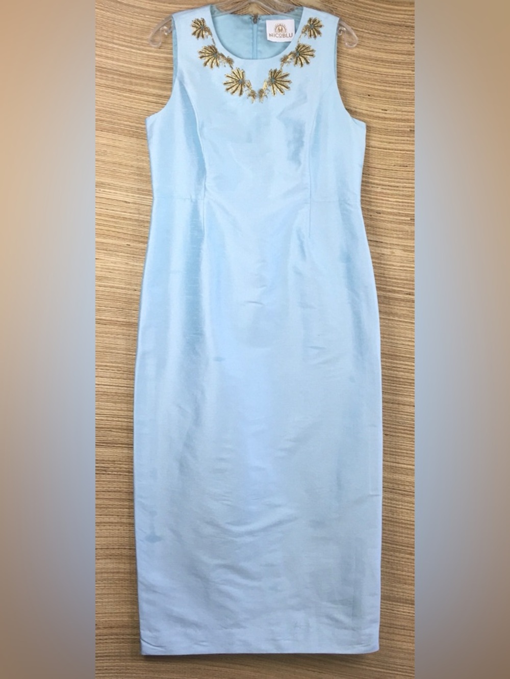 NICOBLU Alice Long Sheath Dress Blue Gold Embellished Size M - Picture 6 of 13